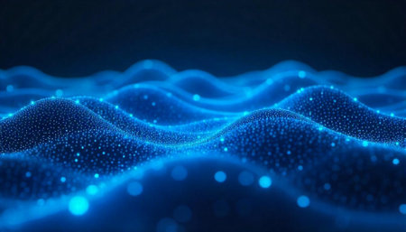 Abstract digital wave with glowing particles on dark backgroundの写真素材