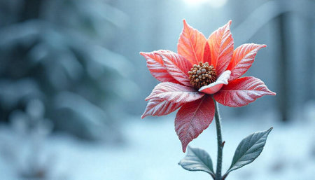 Single poinsettia flower covered in frost, winter backdropの写真素材