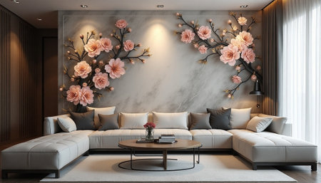 Elegant living room with floral art and modern furniture