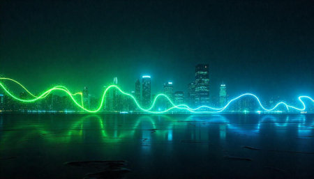 Abstract cityscape with electric wave over water reflection