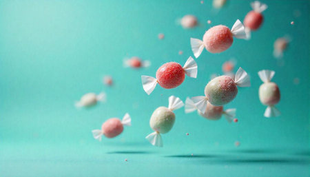 Pastel candies floating in a vibrant turquoise backgroundの写真素材