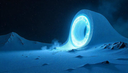 Glowing portal in a snowy landscape under starry sky