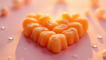 Heart shaped gummy candies on a pink background displayの写真素材