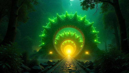 Mystical Portal in Lush Green Forest Opening to Light