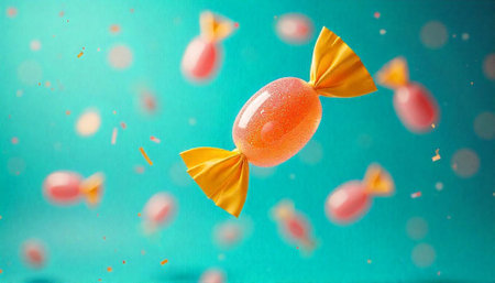Orange candy floating amongst pink candies on a blue background