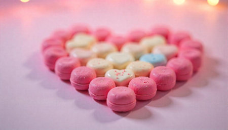 Sweet heart shape made of candies on pink backdrop