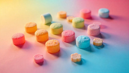 Pastel marshmallows scattered on colorful background, soft focus compositionの写真素材
