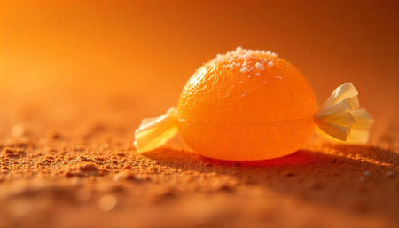 Orange candy on grainy surface lit by warm light