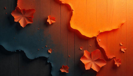 Autumn leaves arranged on a wood surface with two tones
