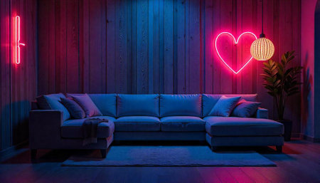 Modern living room featuring neon lights and blue sofaの写真素材