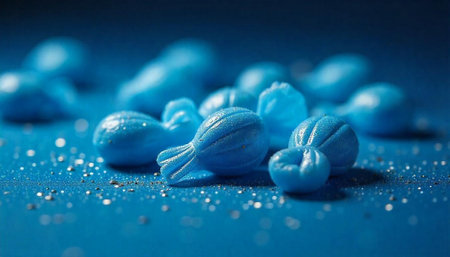 Monochromatic blue candies with shiny sprinkles on blue background