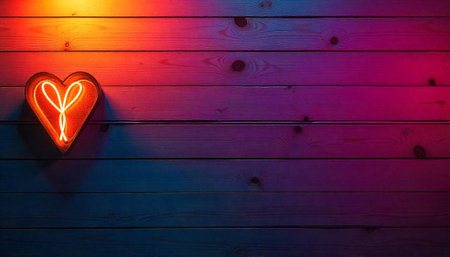 Glowing heart light on wooden backdrop for love conceptの写真素材