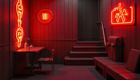 Intense red room with neon lights and wooden textures