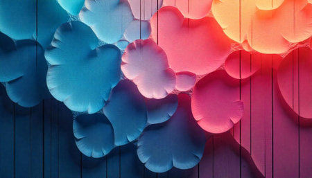 Abstract hearts on painted wooden boards, gradient color shiftの写真素材