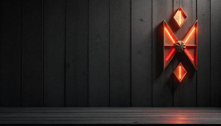 Modern geometric symbol with glowing red lights on wood wall