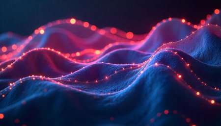 Abstract waves with connected light points network backdropの写真素材