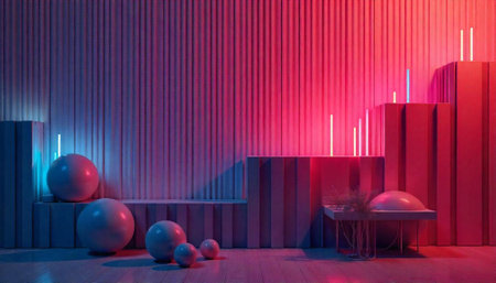Abstract geometric set design with vibrant lighting and spheres