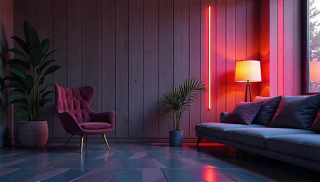 Modern living room interior with neon lighting and furniture