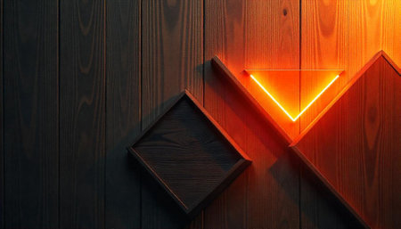 Geometric wood background with bright orange neon triangle accentの写真素材