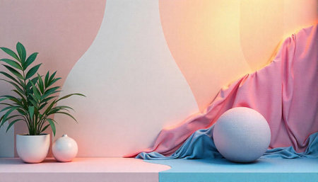 Pastel stage mockup featuring plant, fabrics, and sphere