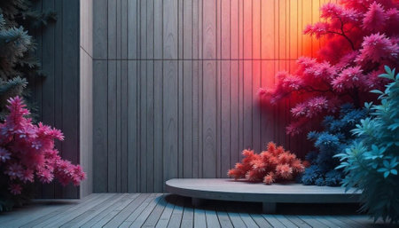 Abstract plant arrangement against wooden wall background platform space