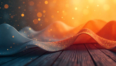 Abstract ribbon design with bokeh and golden particle effects