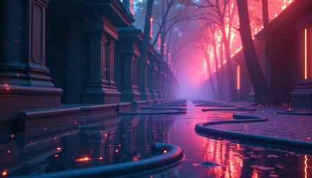 Surreal street alleyway with reflective surfaces and pink glowの写真素材