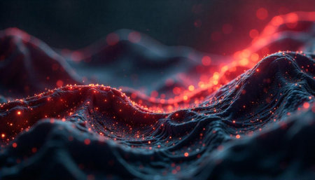 Abstract Glowing Red Particles on Dark Blue Textured Waves