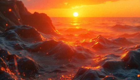 Dramatic sunset over ocean with rocky shore and waves