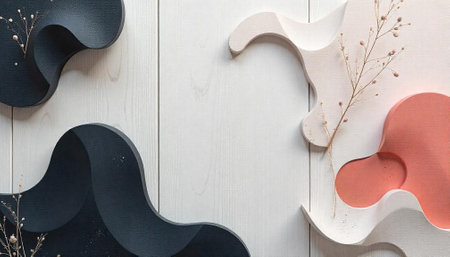 Abstract geometric shapes on white wooden backdrop, minimalist design