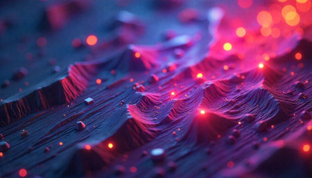 Abstract landscape of glowing particles and wave-like forms