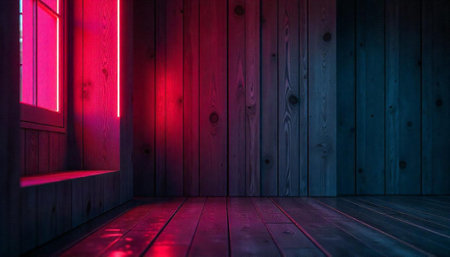 Illuminated wooden interior with modern neon light accentsの写真素材