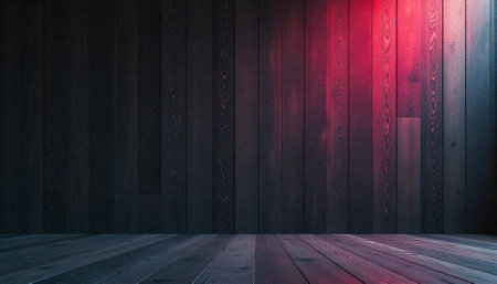 Dramatic wooden background with red lighting and wood floorの写真素材