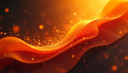Abstract flowing orange fabric with sparkling light particles