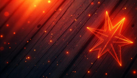 Glowing Star Outline on Wood Surface with Bokeh Lights