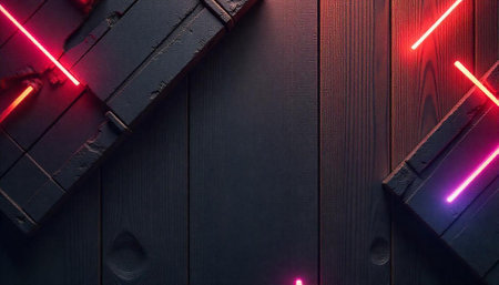 Modern wooden background with bright neon lights for graphic design
