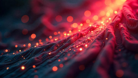 Abstract background with flowing fabric and glowing light orbs