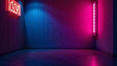 Modern interior space with neon lighting in contrasting colorsの写真素材