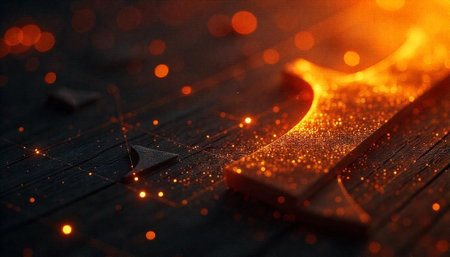 Abstract sparkling gold objects on a dark wooden surfaceの写真素材