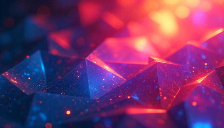 Abstract geometric forms glowing with blue and red light