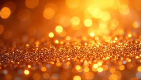 Sparkling golden dust and bokeh lights background imageの写真素材