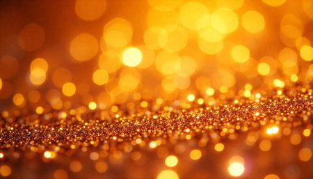 Golden Glitter Bokeh Background with Warm, Festive Atmosphereの写真素材