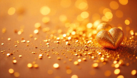 Golden heart amidst sparkling glitter lights on bronze surface
