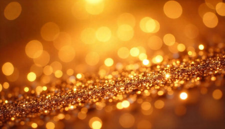 Abstract golden bokeh lights and glitter background design assetの写真素材