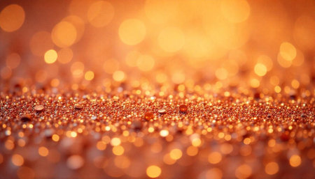 Abstract shimmering copper glitter with golden bokeh lights backgroundの写真素材