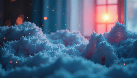 Dreamy snowscape against a sunset window with bokeh effects