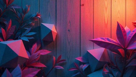 Geometric Shapes and Vibrant Foliage Against Wooden Backdropの写真素材