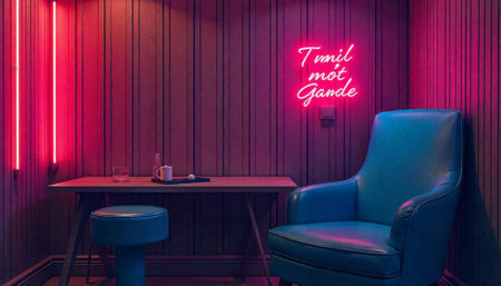 Cozy lounge with neon accents and bold color paletteの写真素材