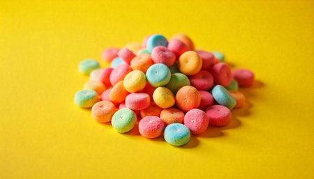 Pile of pastel marshmallows candies on a bright yellow background