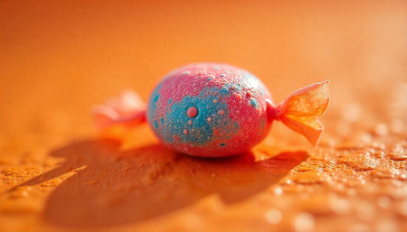 Colorful speckled candy resting on orange textured surface backdropの写真素材